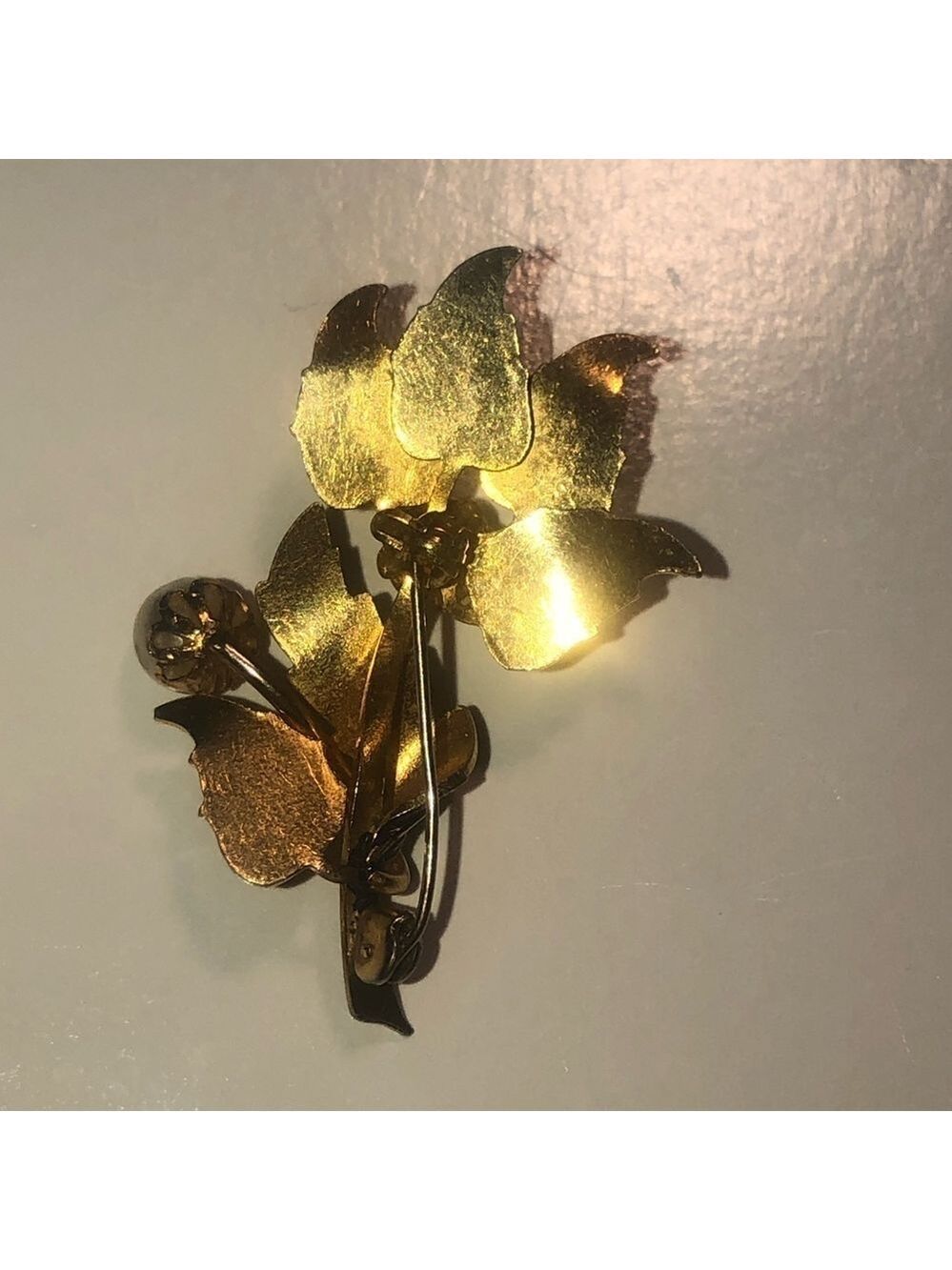 Vtg Damascene Spanish Toledo Gold Tone & Black Leaves Faux Pearl Approx 2” - Picture 5 of 6